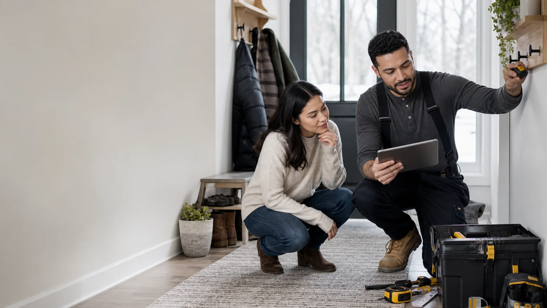 A homeowner and local home professional reviewing a wall mounting task